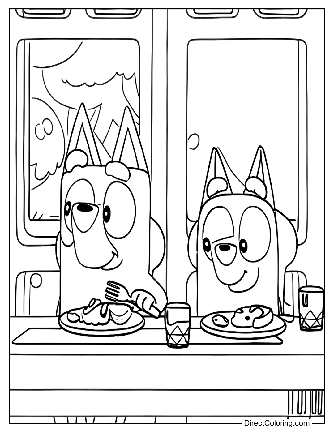 Bluey and Bingo Eating Dinner Free Coloring Page